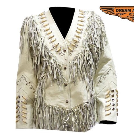 Women's Off White Leather Jacket With Beads, Studs, Bone & Fringe With Snaps